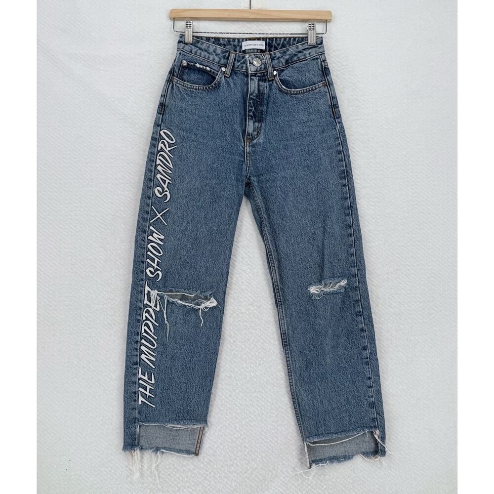 The Muppet Show x Sandro Womens Blue Vintage Denim Graphic High Rise Jeans Sz 34